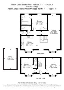 Two-floor house plan with garage and dimensions.