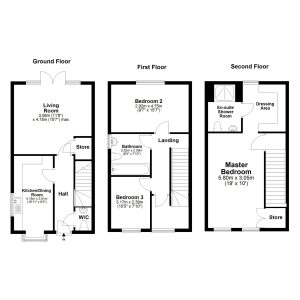 Three-storey house floor plan with labelled rooms.