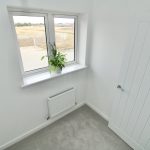 White room with window, radiator, plant on ledge.