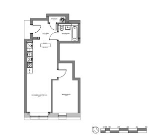 One-bedroom flat architectural floor plan.