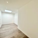 Empty room with wooden floor and skylight.