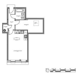 One-bedroom flat floor plan with kitchen and bathroom.
