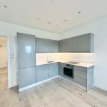 Modern kitchen with grey cabinets and wood floor