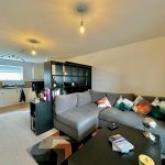 Modern open-plan living area with kitchen and sofa.