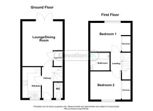Two-floor house layout with rooms and stairs.