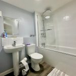 Modern bathroom with shower, sink, and toilet.