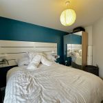 Modern bedroom with blue accent wall and white bedding.
