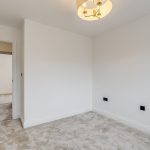 Empty room with beige carpet and light fixture.