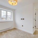 Bright empty room with beige carpet and large window.