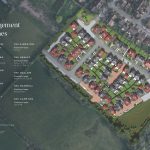Aerial view of housing development layout and house types.