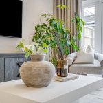 Contemporary living room with plants and neutral decor.