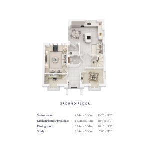Ground floor plan with room dimensions and labels.
