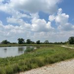 Countryside lake with footpath and cloudy sky.