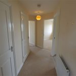Bright hallway with doors and hanging light.