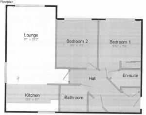 Two-bedroom flat floor plan with lounge and kitchen.