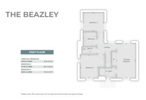 The Beazley first floor plan with room dimensions.
