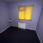 Small, empty purple room with sink and radiator.