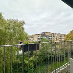 Balcony view of trees, flats, and overcast sky.