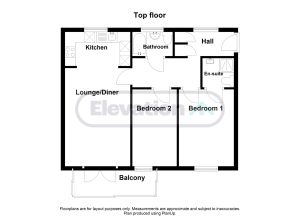 Top floor flat layout with balcony and two bedrooms.