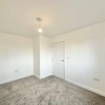 Empty white room with grey carpet and light bulb
