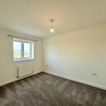 Empty room with carpet, window, and light bulb.