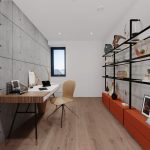 Modern home office with shelves and desk