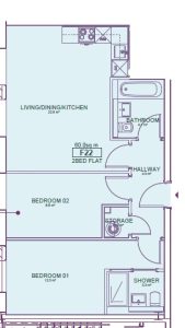 Floor plan of a two-bedroom flat.