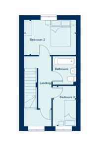 First floor blueprint with bedrooms, bathroom.