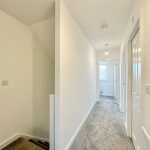 Bright hallway with carpeted floor and white walls.