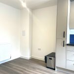 Modern kitchen corner with appliance and storage cabinets.