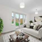 Spacious modern living room with garden view.