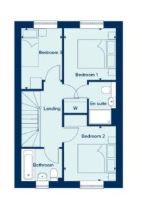 Three-bedroom floor plan with bathrooms and landing area.