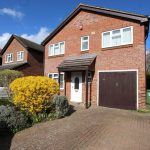 Red brick house with yellow shrub and driveway.