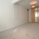 Empty room with mirrored wardrobe and beige carpet.