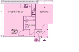 One-bedroom flat floor plan, rooms labelled.