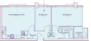 Floor plan of 2-bedroom flat with labels