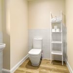 Minimalist bathroom with toilet, sink, and shelving