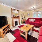 Cosy living room with red sofas and fireplace