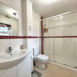 Modern bathroom with shower and red tile accents