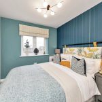 Cosy bedroom with blue and yellow accents.