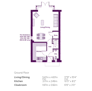 Ground floor plan with living, kitchen, cloakroom.