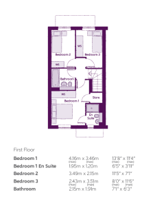 First floor house plan, showing three bedrooms.