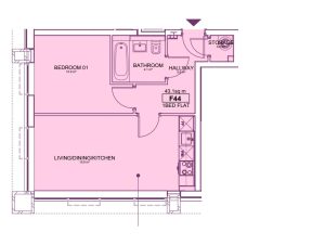 Floor plan of one-bedroom flat layout.