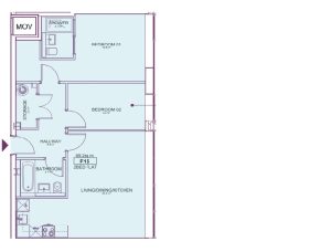 Two-bedroom flat floor plan layout with dimensions.