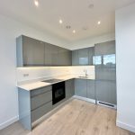 Modern grey kitchen with sleek cabinets and appliances.