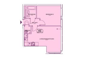 One-bedroom flat floor plan layout.