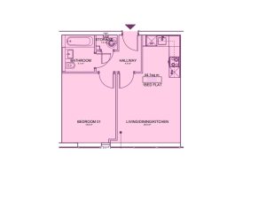 One-bedroom flat floor plan layout.