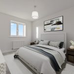 Modern bedroom with grey bed and abstract art.