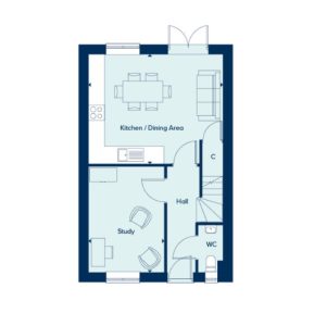 Ground floor layout: kitchen, dining, study, WC, hall.