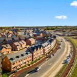 Aerial view of suburban housing development.